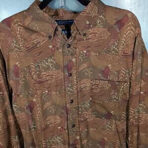 Nautica Vintage Grouse Animal Print Abstract Art Button Down Casual Shirt XL